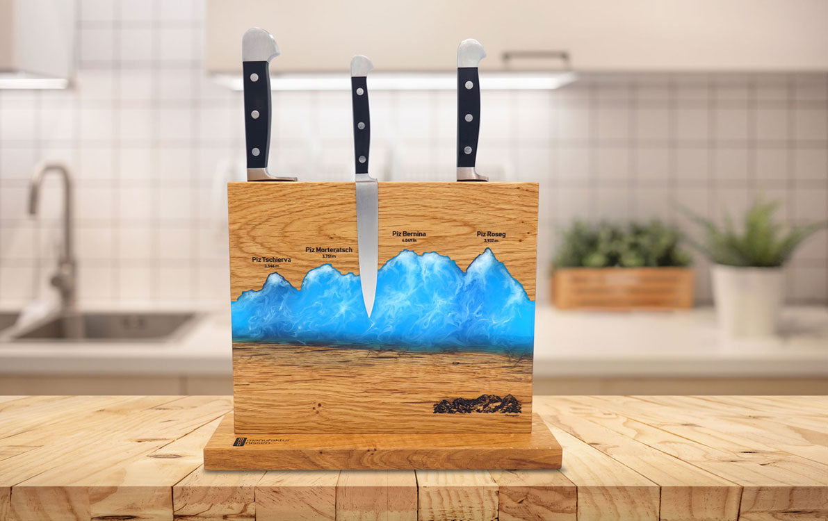 exklusiver magnetischer Messerhalter der Manufaktur Nissen aus schweizer Eichenholz mit Epoxidharz in Silhouette des Oberengadins