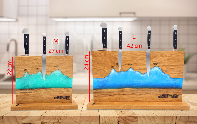 Abmessungen der magnetischen Messerhalter der Manufaktur Nissen aus Eichenholz mit Veredelungen aus Epoxidharz